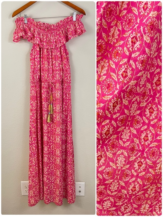 THML Dresses & Skirts - THML Pink Floral Off-Shoulder Maxi Dress with Tassel Waist Size M Boho Beach
